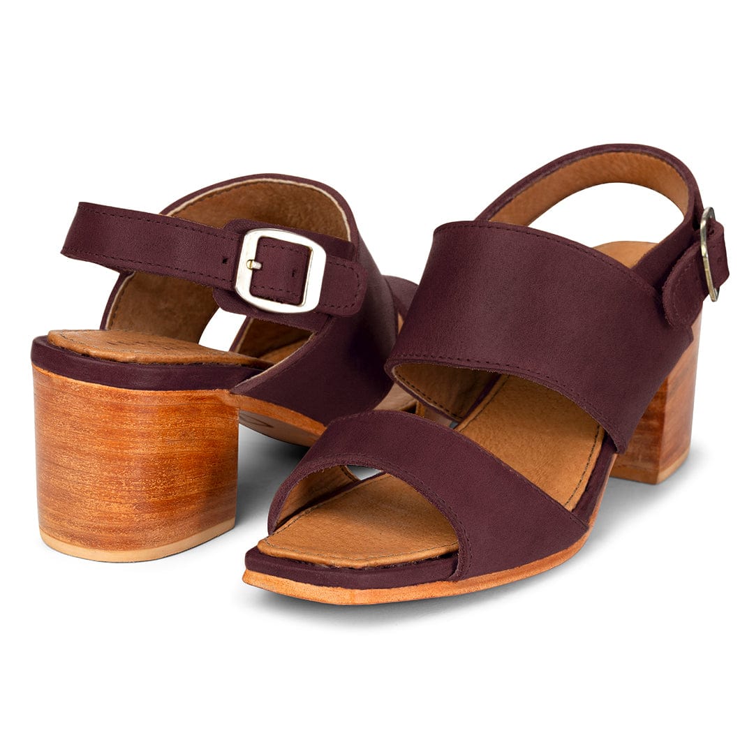 Women's wide burgundy leather heeled sandals, shown at an angle, can be made in size 15 – The Serena