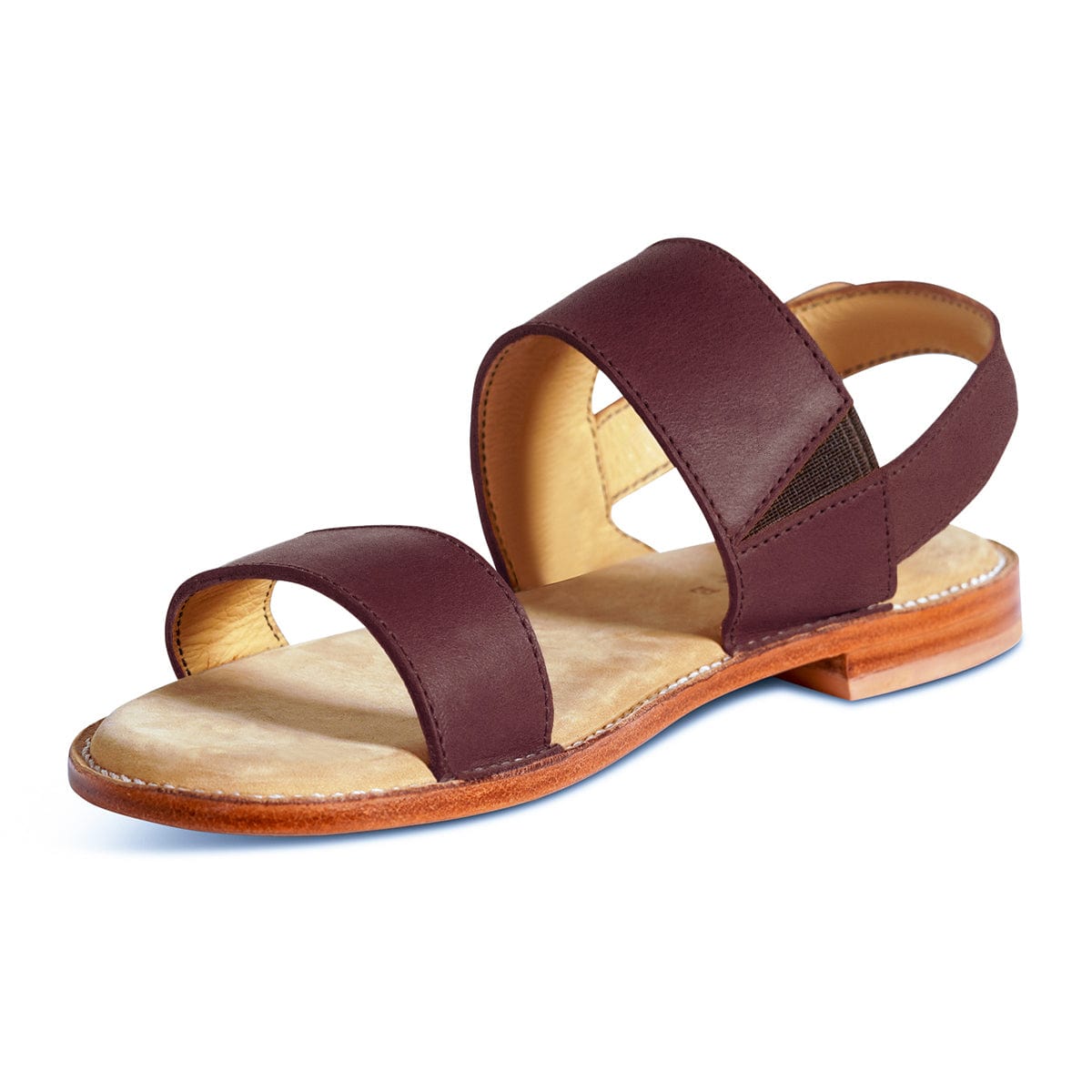 Women's narrow A-width burgundy leather sandal, shown at an angle, also made for size 15 feet – The Córdoba