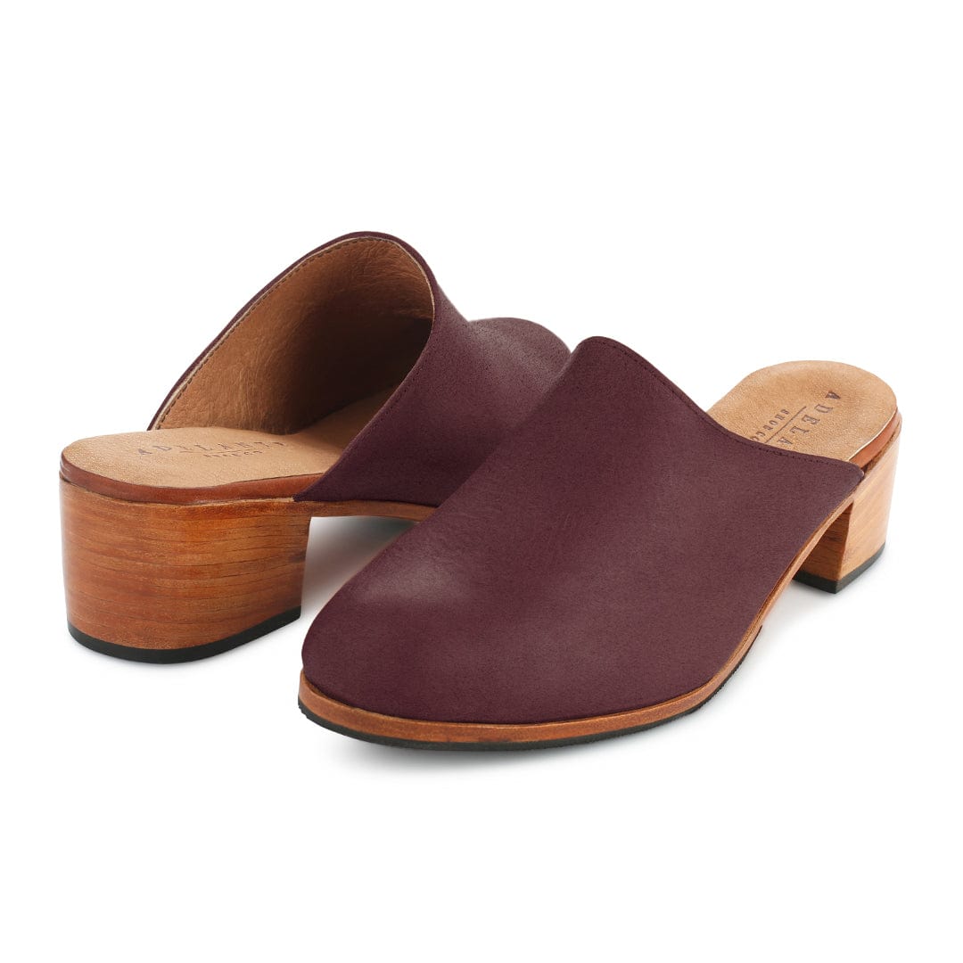 Women's EE wide burgundy leather heeled mules, shown at an angle, also made for size 12 feet – The Camila