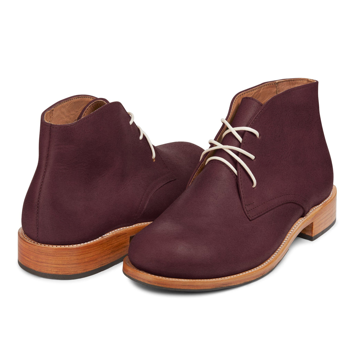 Men's 4E-wide burgundy leather chukka boots, shown at an angle, also made for size 12 feet – The Santiago