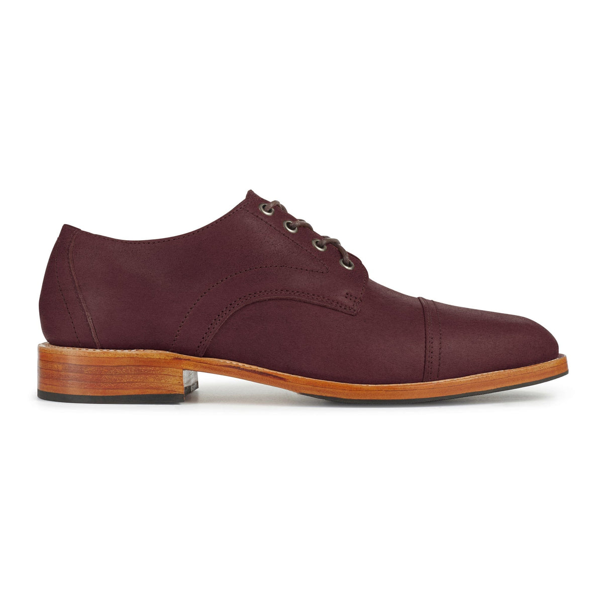 Men's 2E-wide burgundy leather cap-toe derby, shown in side profile, also made for size 6 feet – The Marco