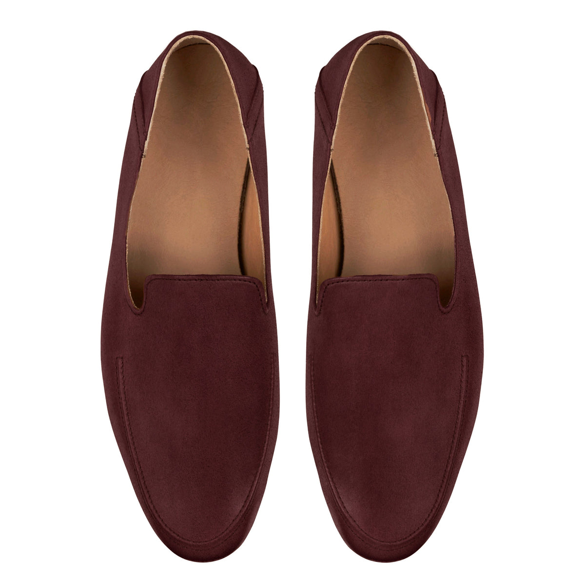 Men's 2E-wide burgundy leather zero-drop loafers, seen from above, made to your exact length and width – The Tomás