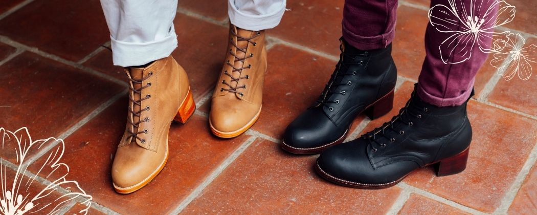 Handcrafted women's lace-up leather boots and block-heel boots on a tiled floor from the Adelante Made-to-Order Women's Collection.