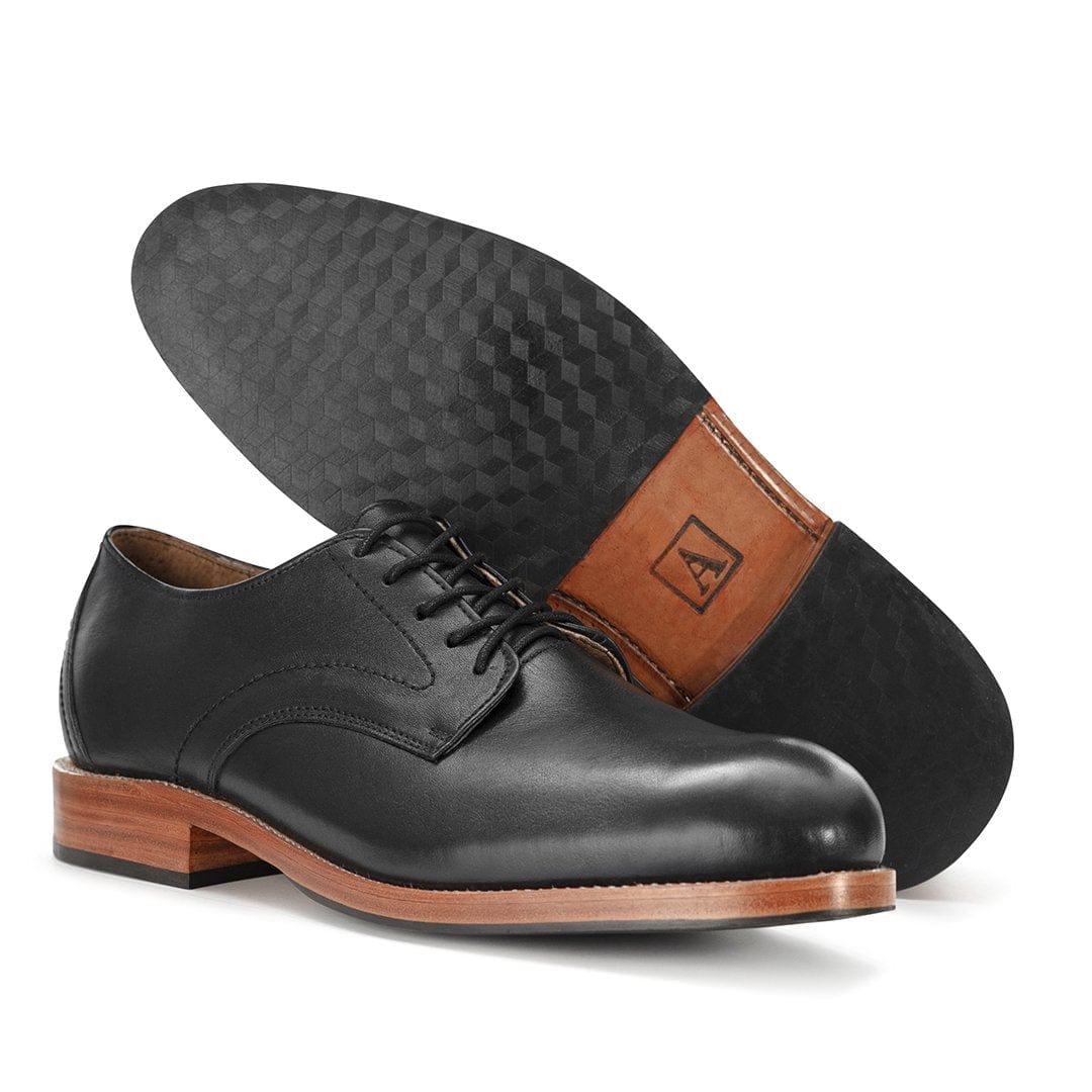 Men's EEE wide black leather derby, shown with the sole turned up, available to order in size 5.5 – The Romero