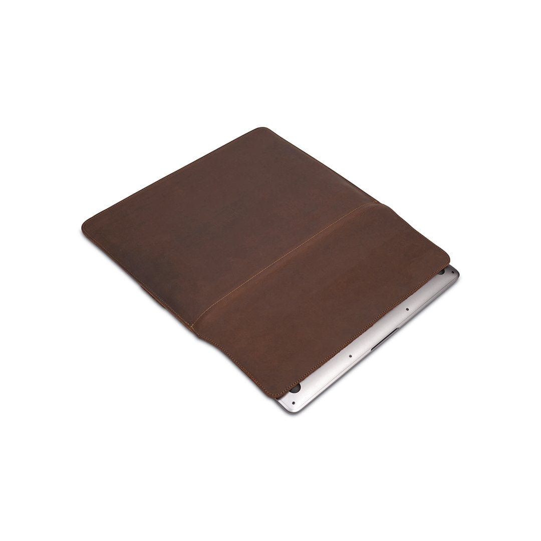 Dark brown leather laptop sleeve, shown open
