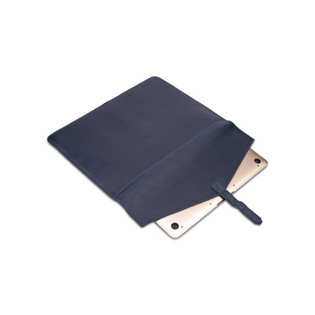 Navy leather laptop sleeve with buckle strap, shown open, handcrafted and made to order