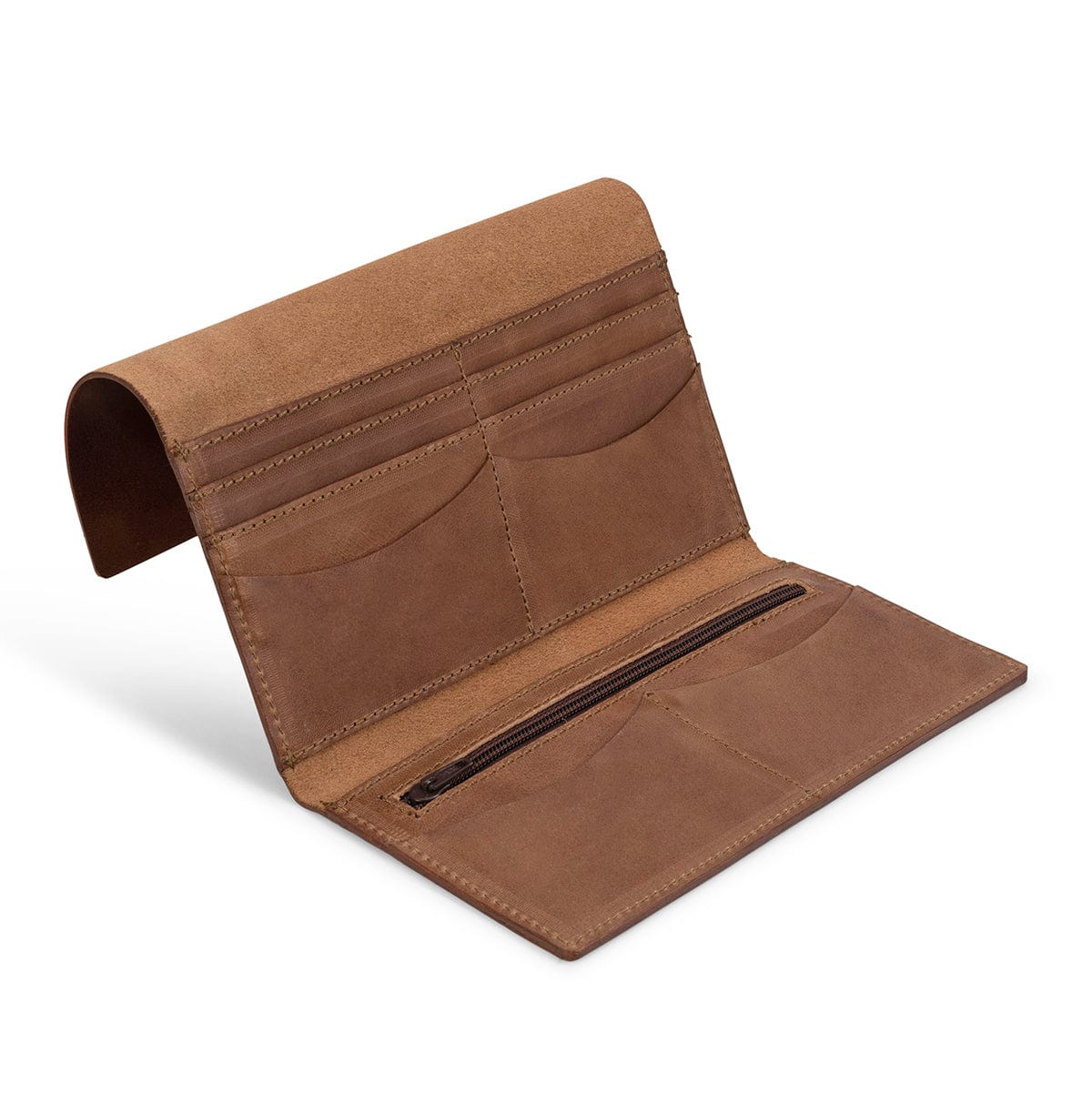 Tan leather snap wallet, open to show the card slots, made by hand by our artisans