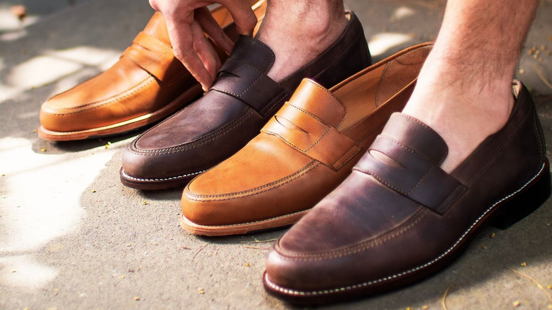 Premium leather wide dress shoes and penny loafers for men in multiple colors, illustrating a proper width fit.