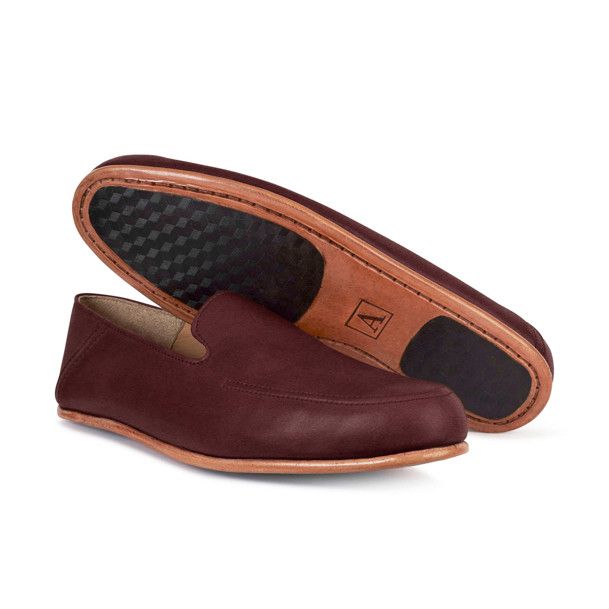 Men's EEEEE extra-wide burgundy leather zero-drop loafers, with the sole turned up, also made for size 5 feet