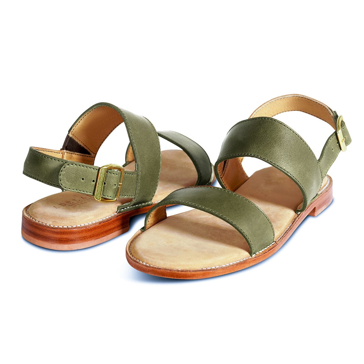 Women's narrow A-width green leather sandals, shown at an angle, can be made in size 4 – The Córdoba