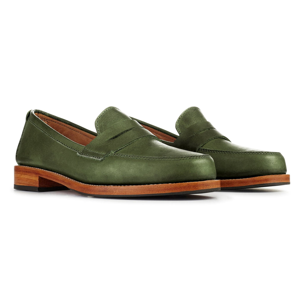Green leather womens penny loafers with classic penny bridges, cushioned insoles, and stacked wooden heels by Adelante Shoes