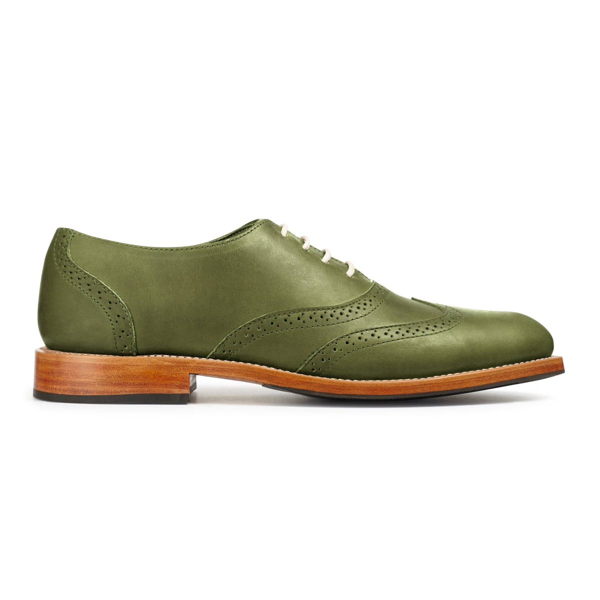 Men's EEE wide green leather oxford, shown in side profile, handcrafted to fit size 6 – The Clásico
