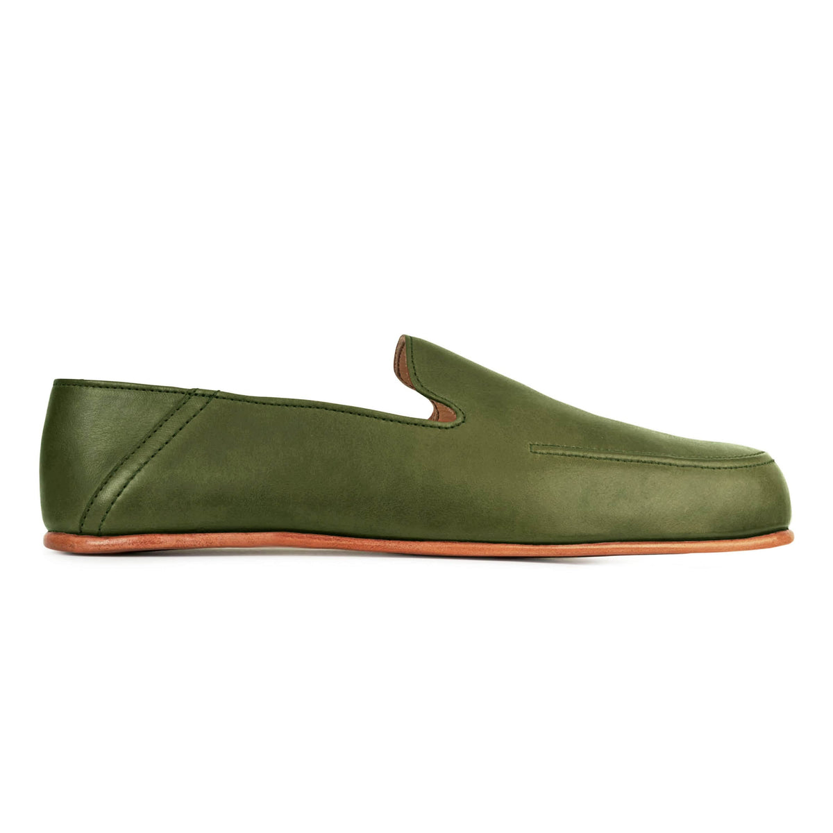 Men's EEE wide green leather zero-drop loafer, shown in side profile, a size 5.5 is no problem – The Tomás