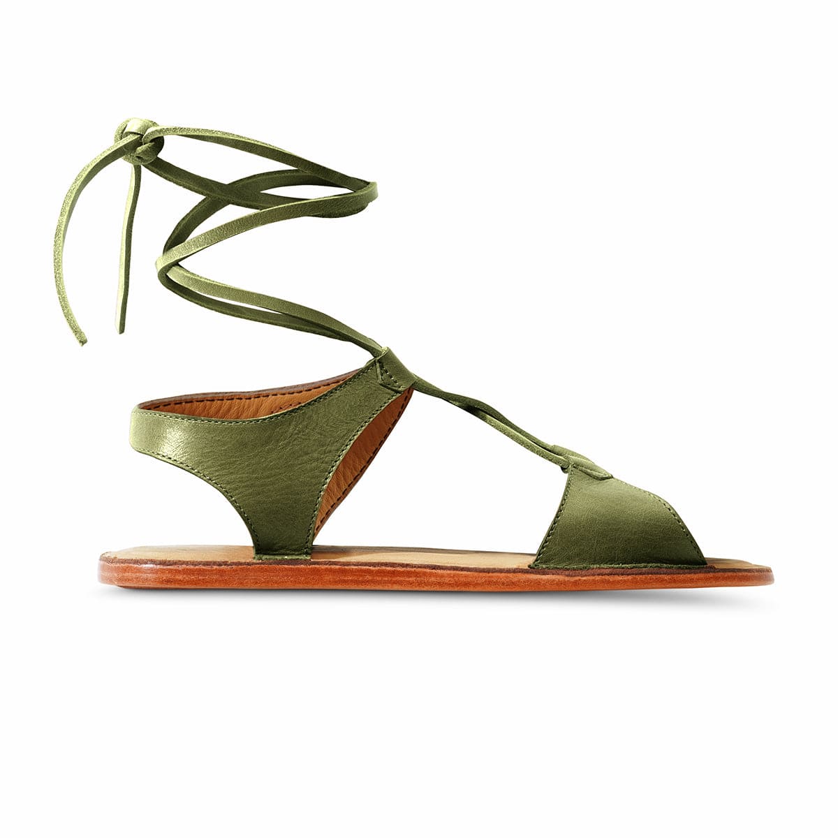 Olive green womens gladiator sandal with wraparound ankle laces and a flat sole