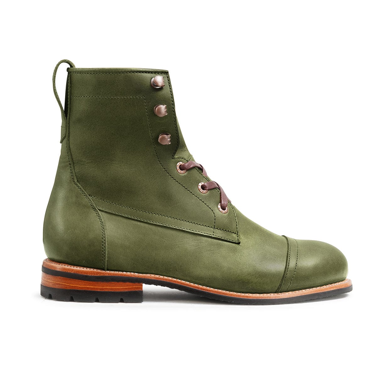 Side view of a men's EEE wide green leather lug sole boot, built to order, even in size 5.5 – The Rugged Havana