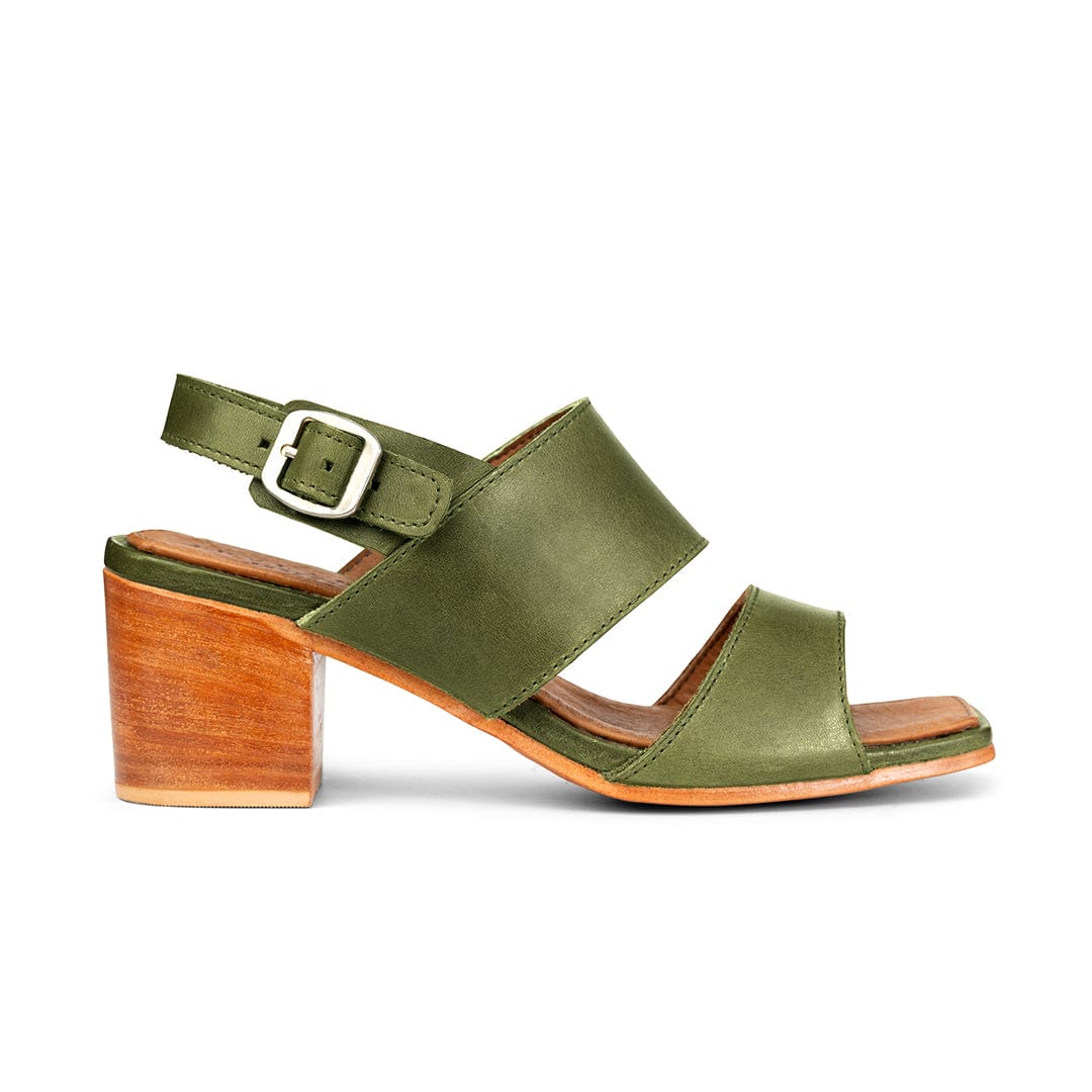 Women's 2E-wide green leather heeled sandal, seen from the side. Available in every half size – The Serena