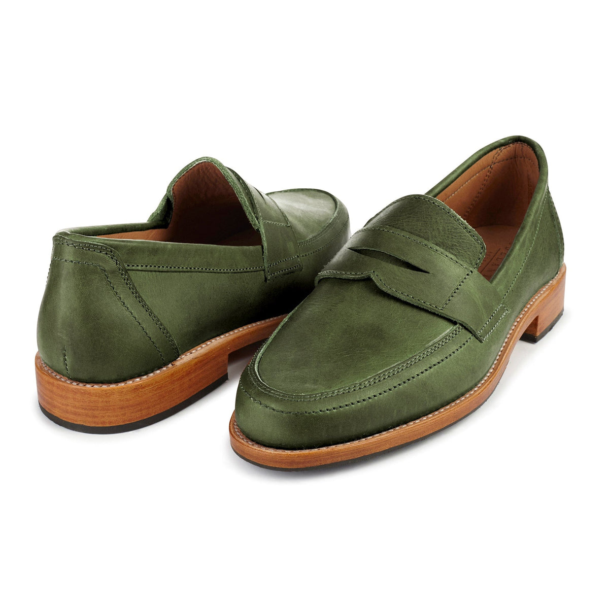 Olive green men's penny loafers with classic penny straps and handcrafted leather construction by Adelante Shoes