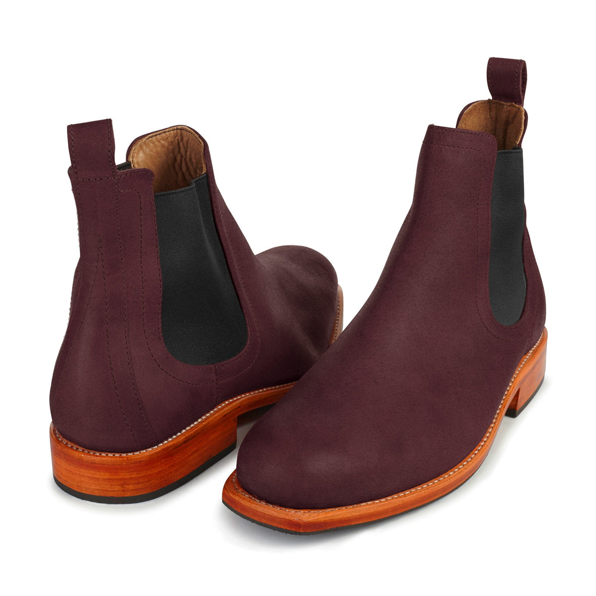 Pair of men's 5E extra-wide burgundy leather Chelsea boots, shown from the front at an angle, each pair made to order – The Mendoza