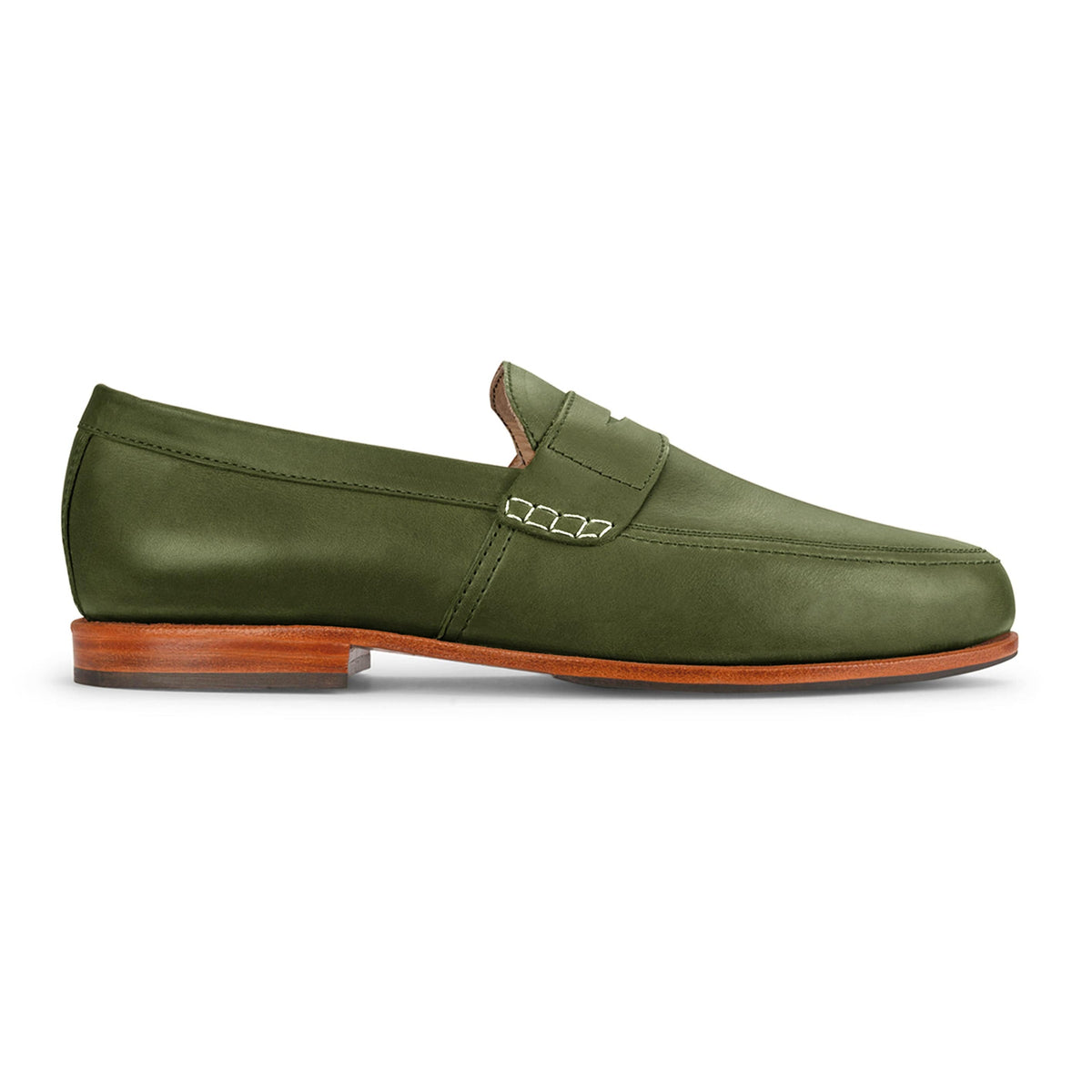 Olive green men's leather dress loafer with a penny strap, decorative stitching, and stacked wood heel, handcrafted by Adelante and available in wide widths