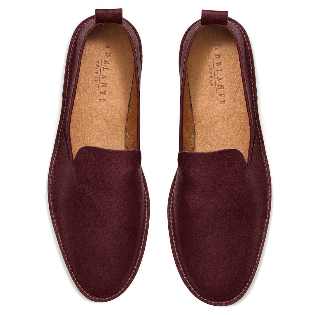 Men's wide burgundy leather slip-ons, from above, available to order in size 4 – The Viento