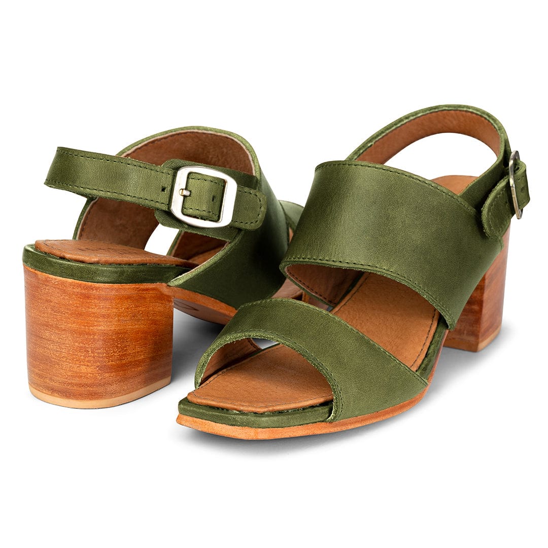 Pair of women's 3E-wide green leather heeled sandals, shown from the front at an angle, made by hand in Guatemala – The Serena