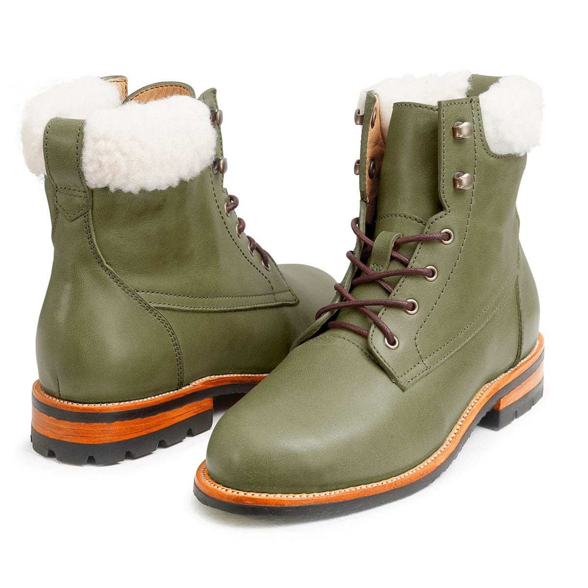 Women's narrow A-width shearling-lined green leather winter boots, shown at an angle, can be made in size 4