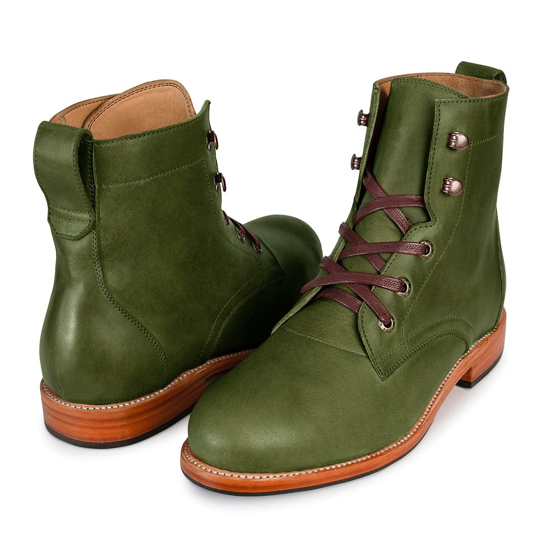 Adelante men's olive green full grain leather lace up boots with burgundy laces and Goodyear welt construction
