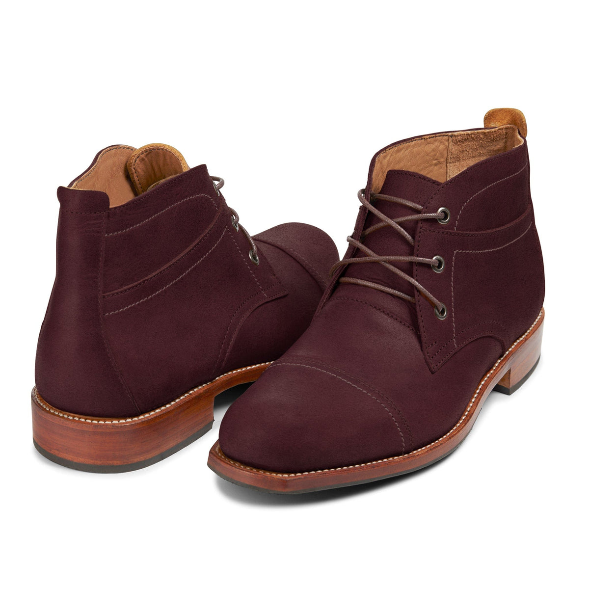 Men's extra-wide burgundy nubuck leather fashion boots, shown at an angle, can be made in size 5 – The Valparaíso