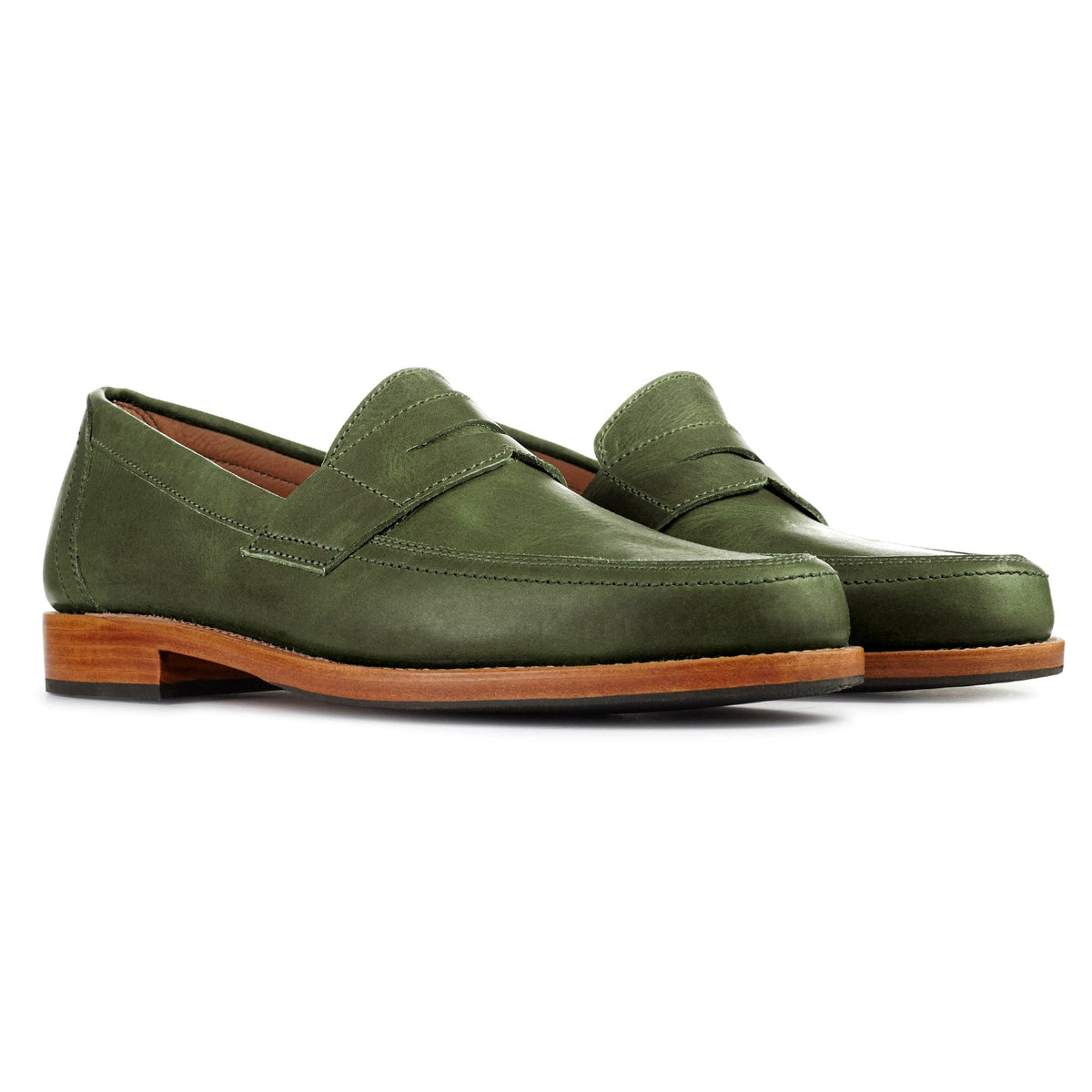 Olive green mens penny loafers with classic penny straps and wood tone soles from Adelante Made To Order