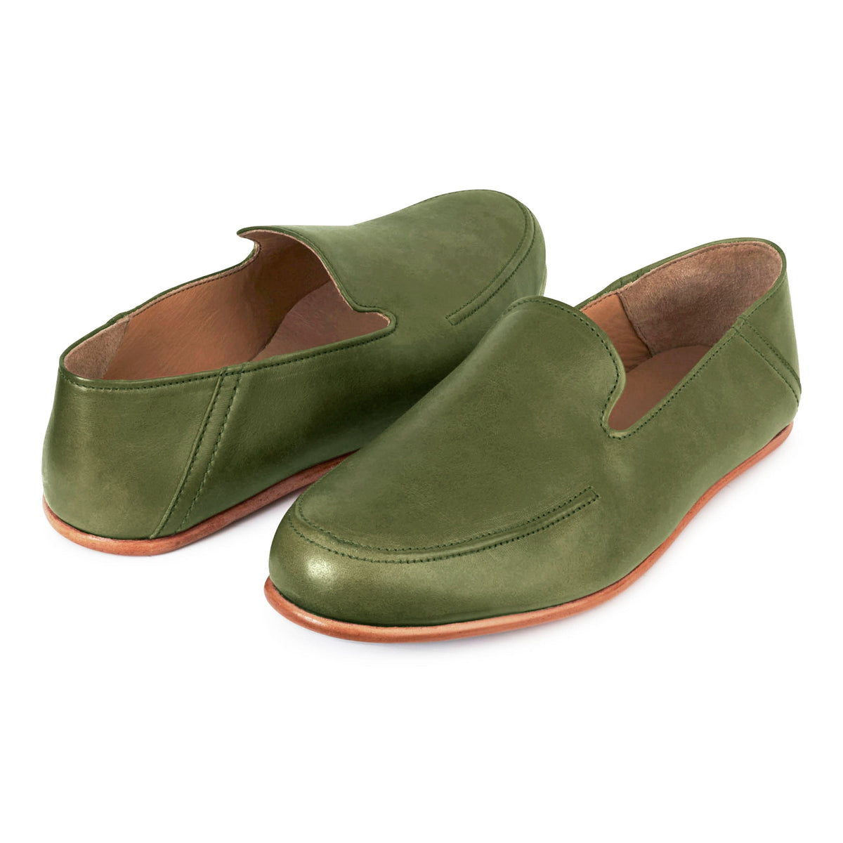 Men's 4E-wide green leather zero-drop loafers, shown at an angle, built to order, even in size 10.5 – The Tomás