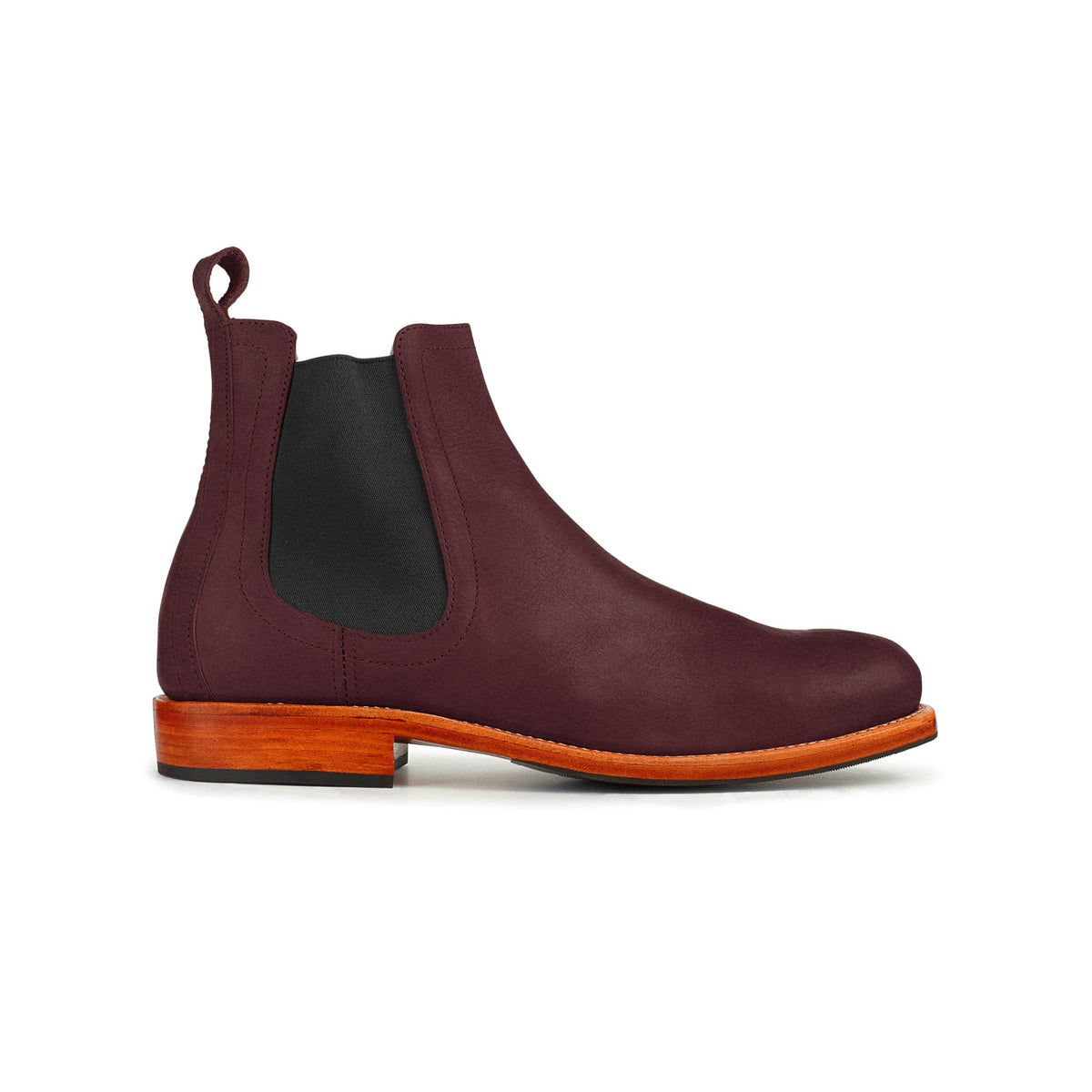 Men's 2E-wide burgundy leather Chelsea boot, shown in side profile, a size 13 is no problem – The Mendoza