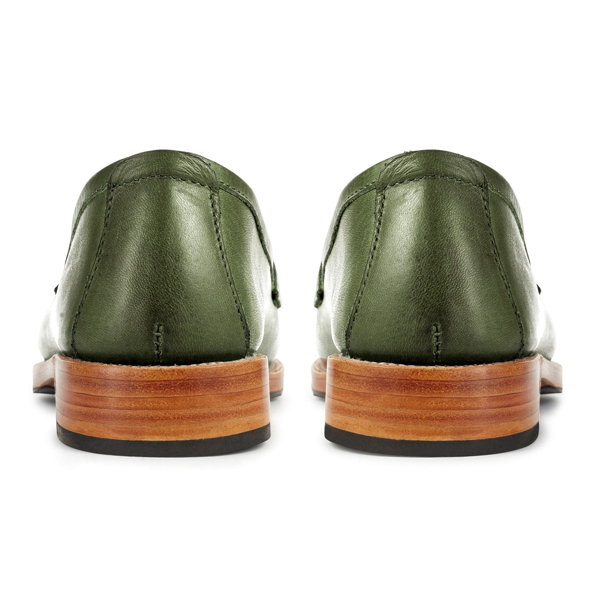 Green leather womens penny loafers with stacked wood heels, handcrafted by Adelante Shoes