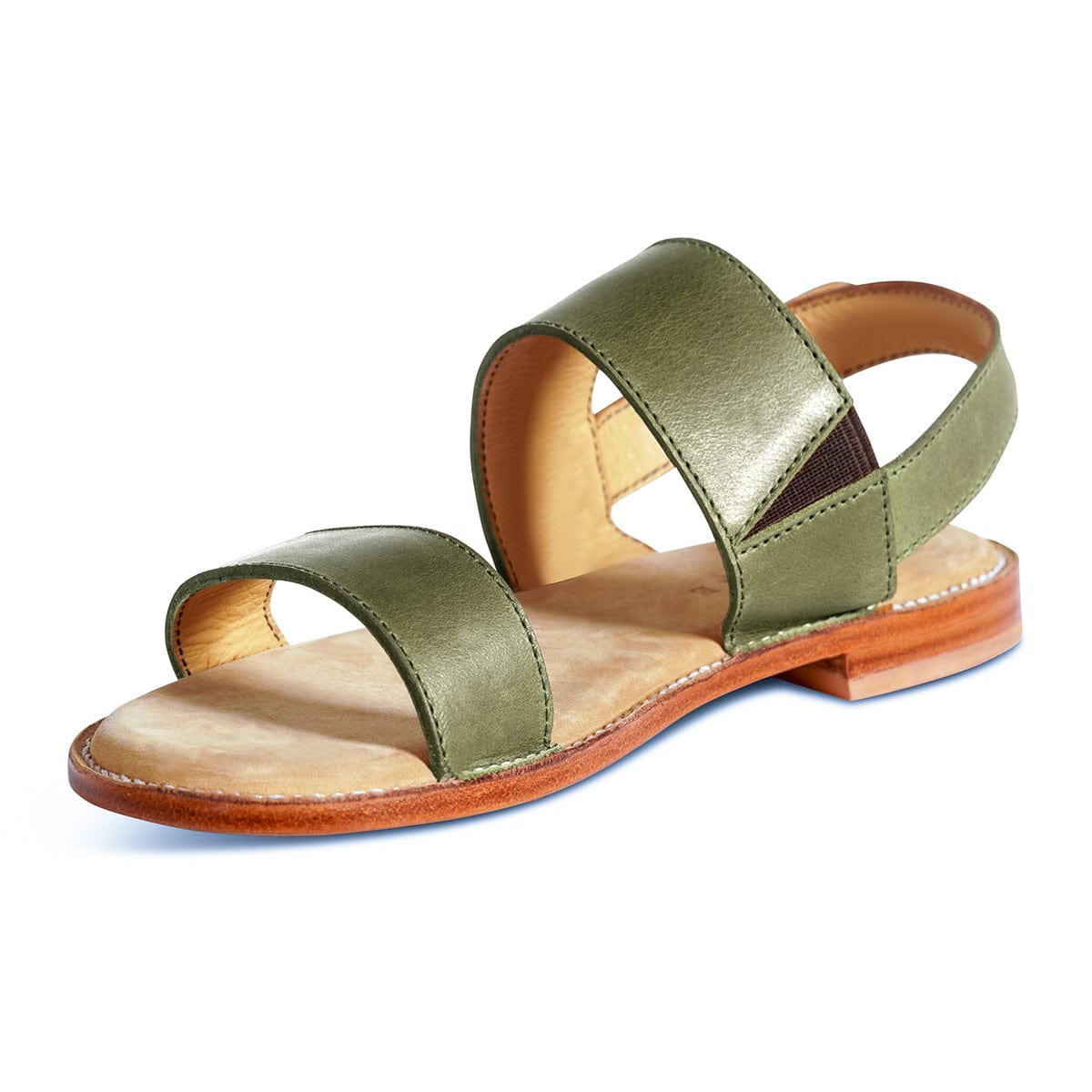 Women's EEE wide green leather sandal, shown from the front at an angle, each pair made to order – The Córdoba