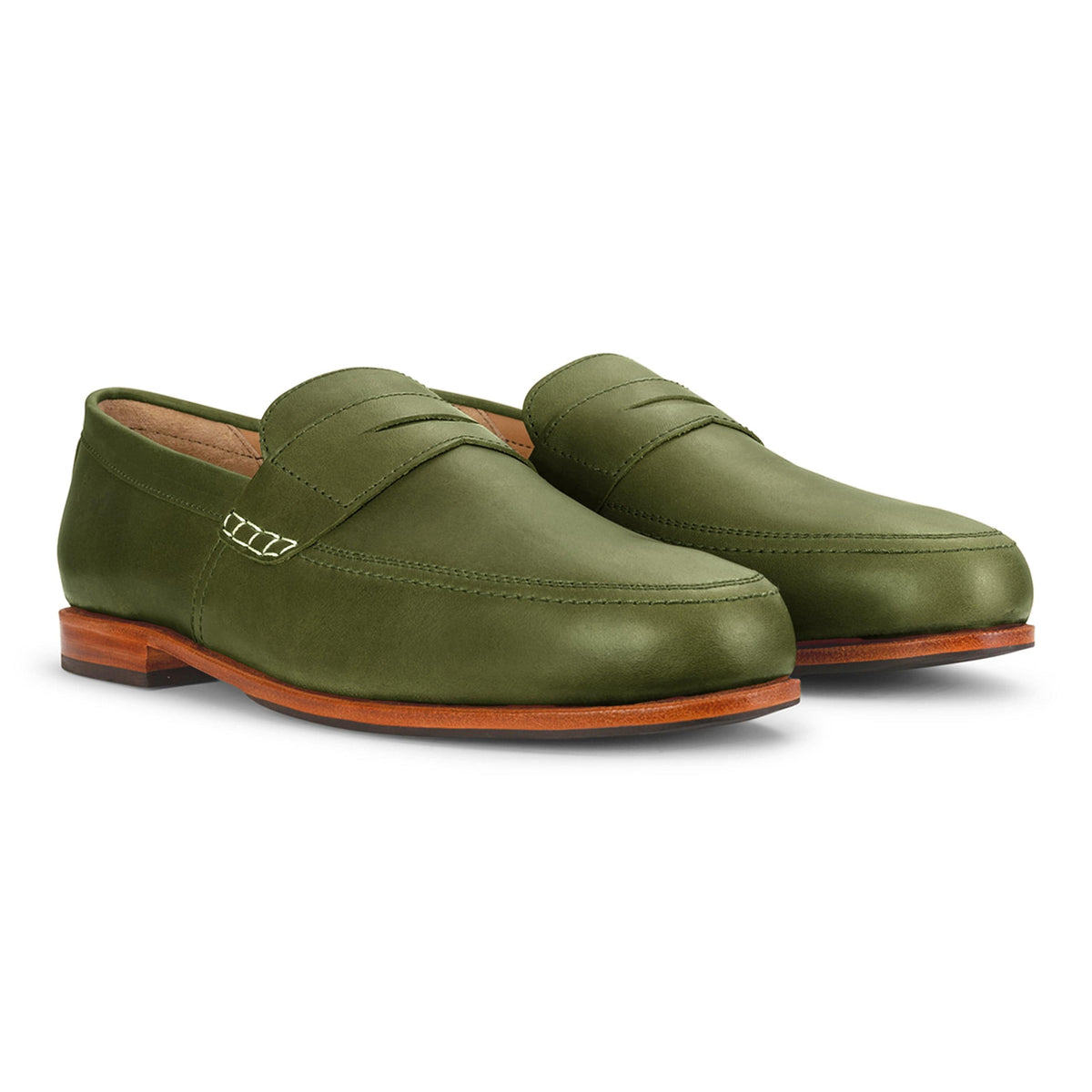 Olive green men's leather loafers with penny straps and leather soles, handcrafted by Adelante Made-To-Order and available in wide widths