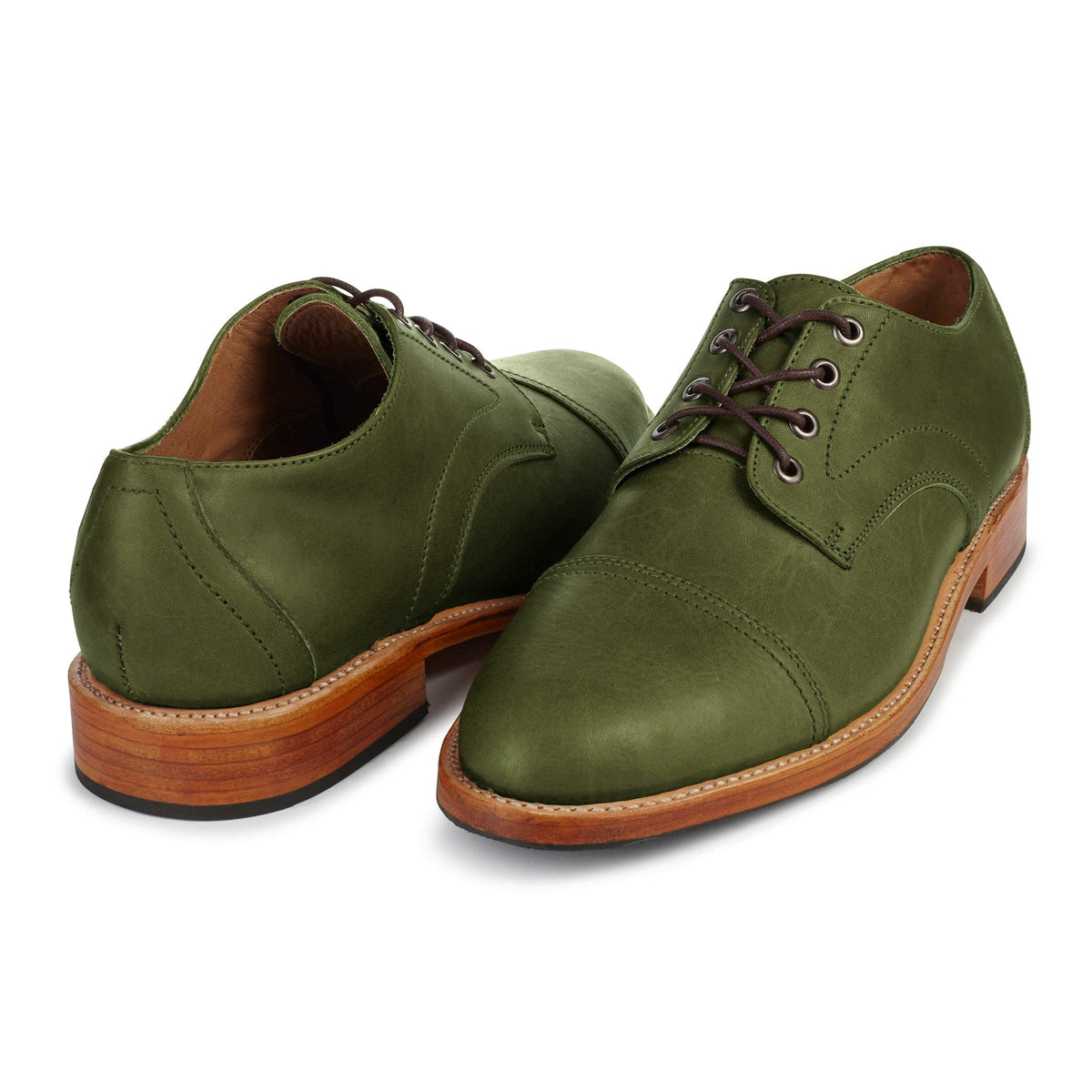 Men's 5E extra-wide green leather cap-toe derbies, shown at an angle, can be made in size 17 – The Marco
