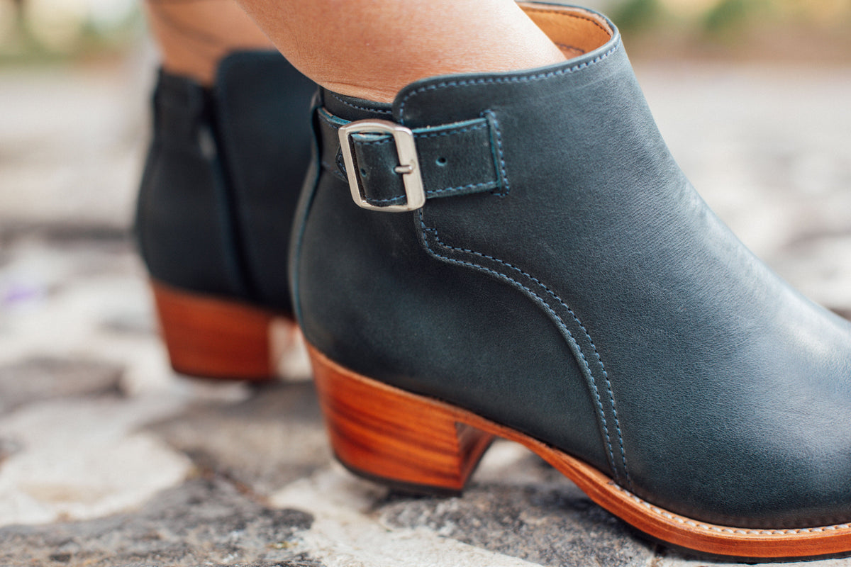 Adelante women's dark navy buckle bootie with block heel and contrast stitching, made to order in narrow to extra wide widths