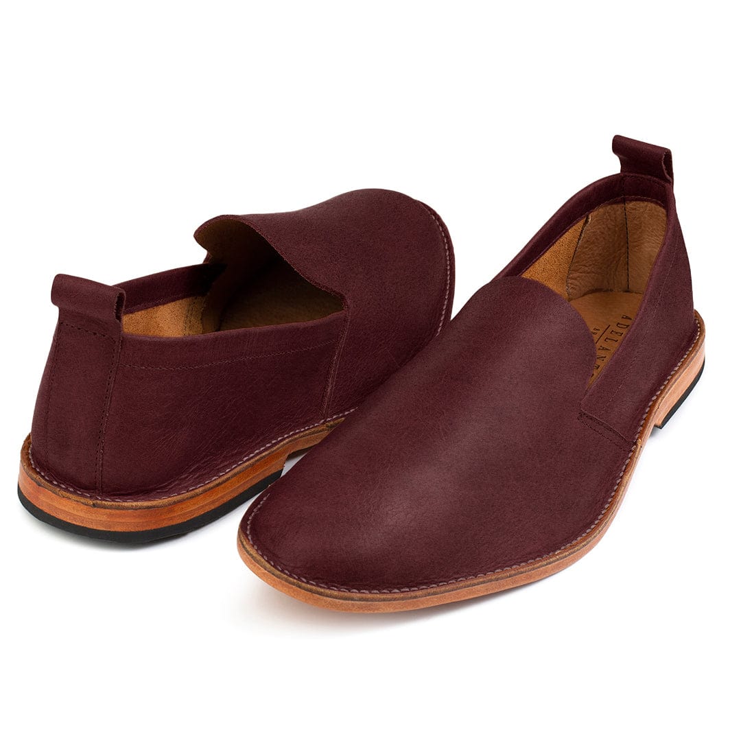 Men's EEEEE extra-wide burgundy leather slip-ons, shown at an angle, also made for size 17 feet – The Viento