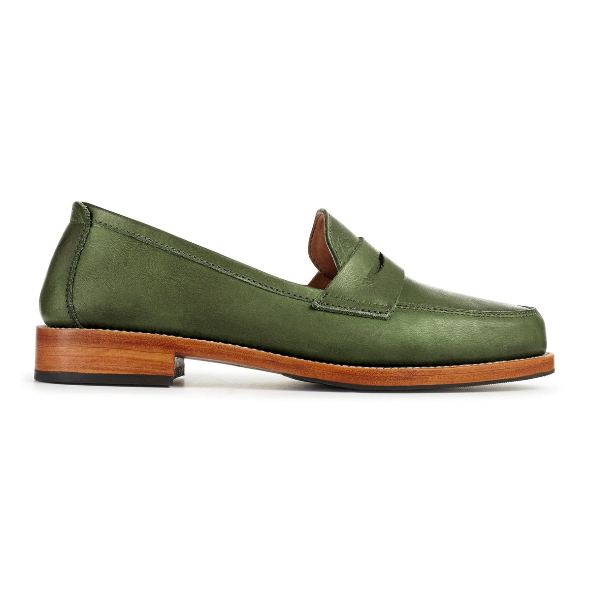 Adelante women's olive green leather penny loafer with classic penny bridge and stacked wood heel