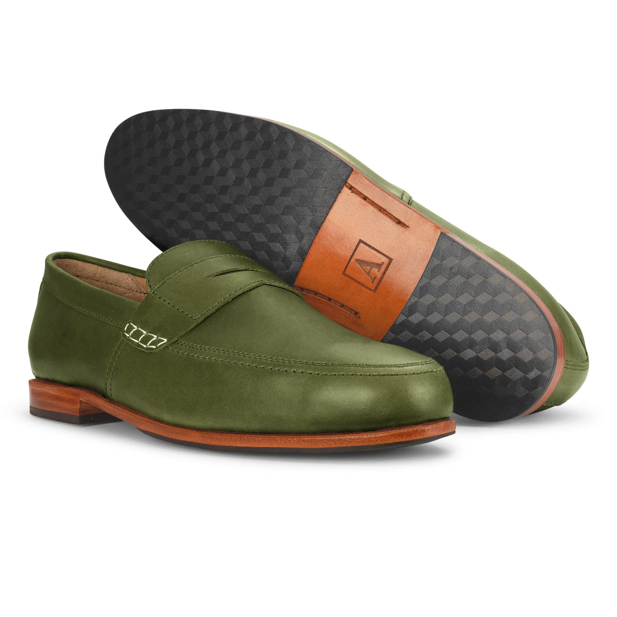 Olive green Adelante men's leather dress loafers, handcrafted with sleek slip-on styling and Blake stitching, shown with one shoe revealing its leather and rubber sole