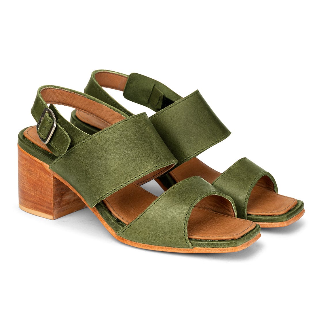 Women's wide green leather heeled sandals, shown at an angle, a size 4 is no problem – The Serena