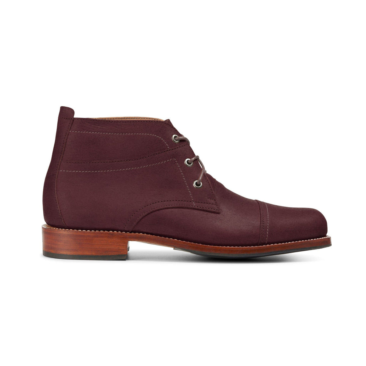 Men's EEE wide burgundy leather fashion boot, seen from the side, with split sizing for two different-sized feet