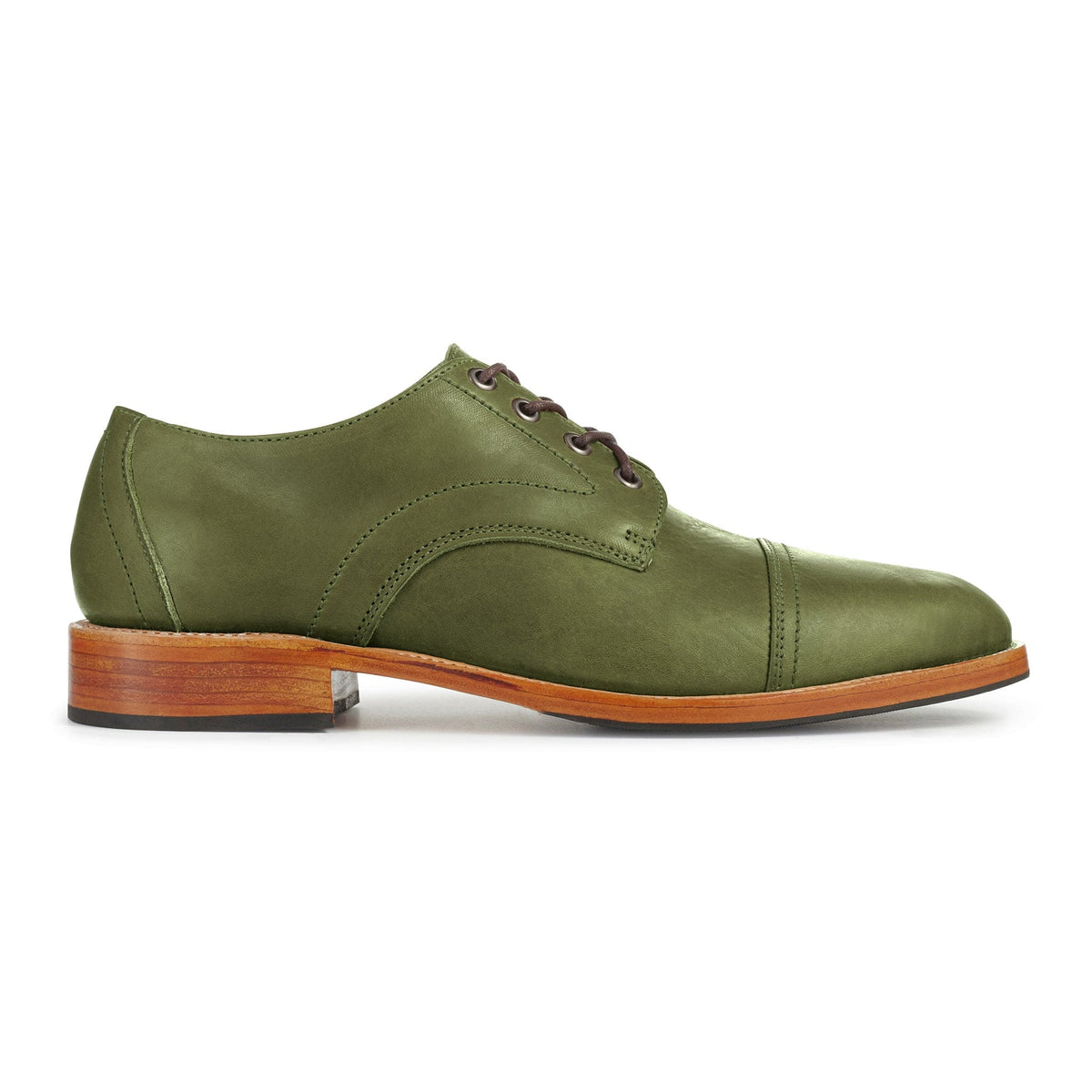 Men's wide green leather cap-toe derby, seen from the side, made to order for hard-to-fit feet – The Marco