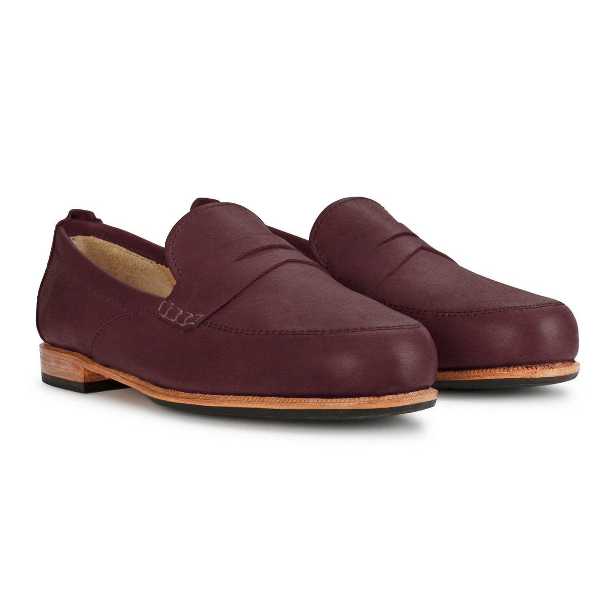 Women's 2E-wide burgundy leather dress loafers, shown at an angle, built to order, even in size 4 – The Sabina