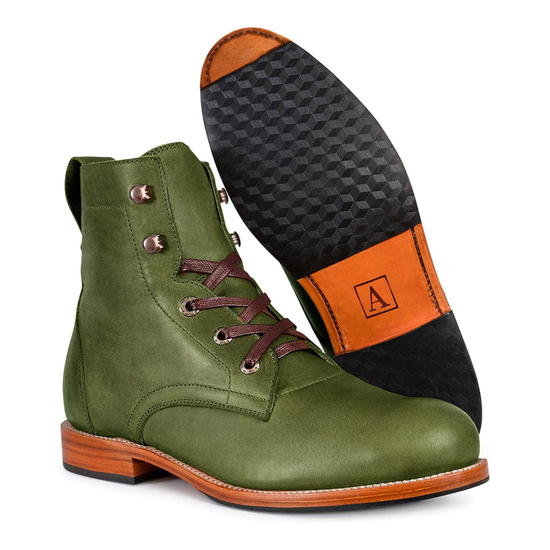 Adelante handcrafted green men's leather lace up boot with burgundy laces and orange and black rubber sole