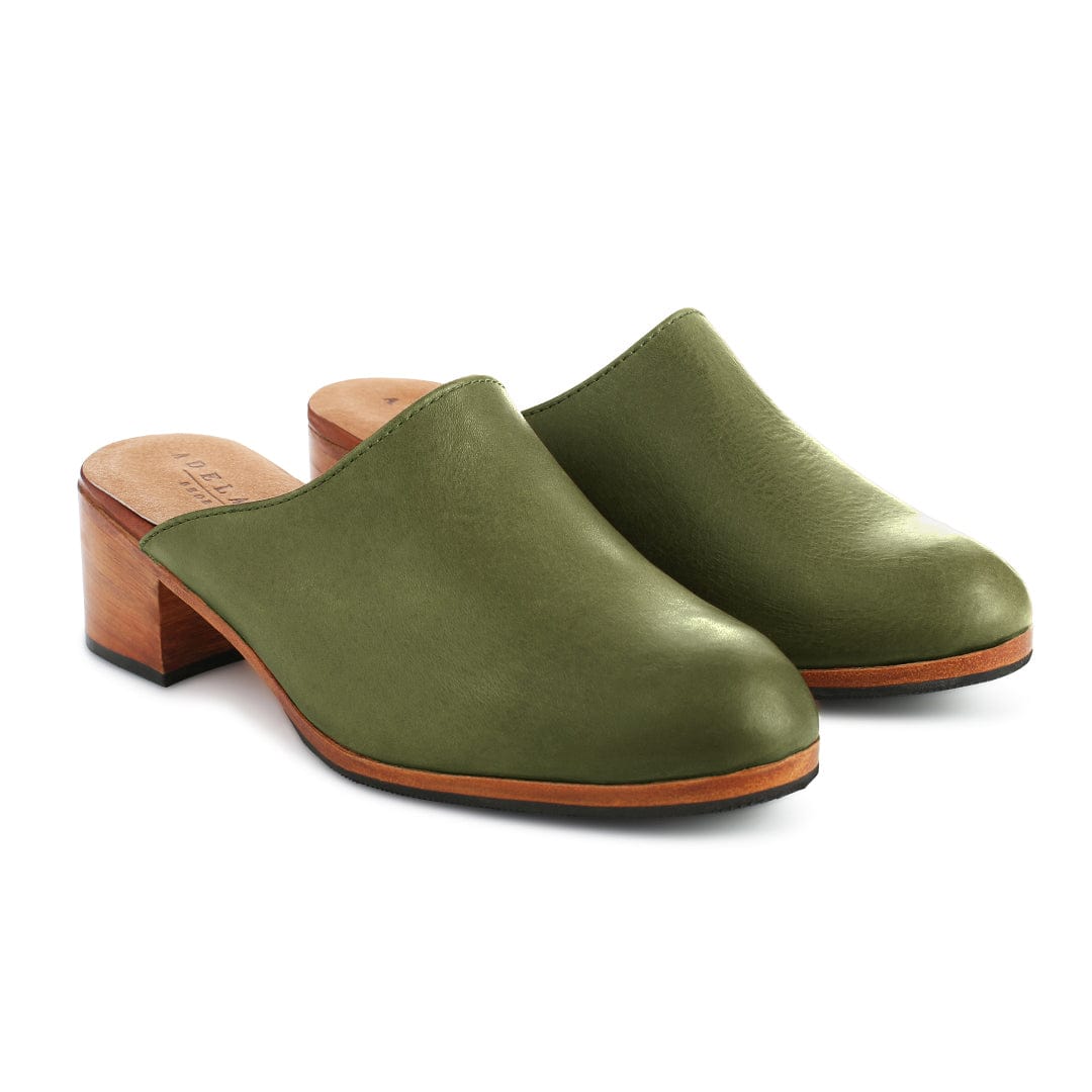 Women's EE wide green leather heeled mules, shown at an angle, can be made in size 14 – The Camila
