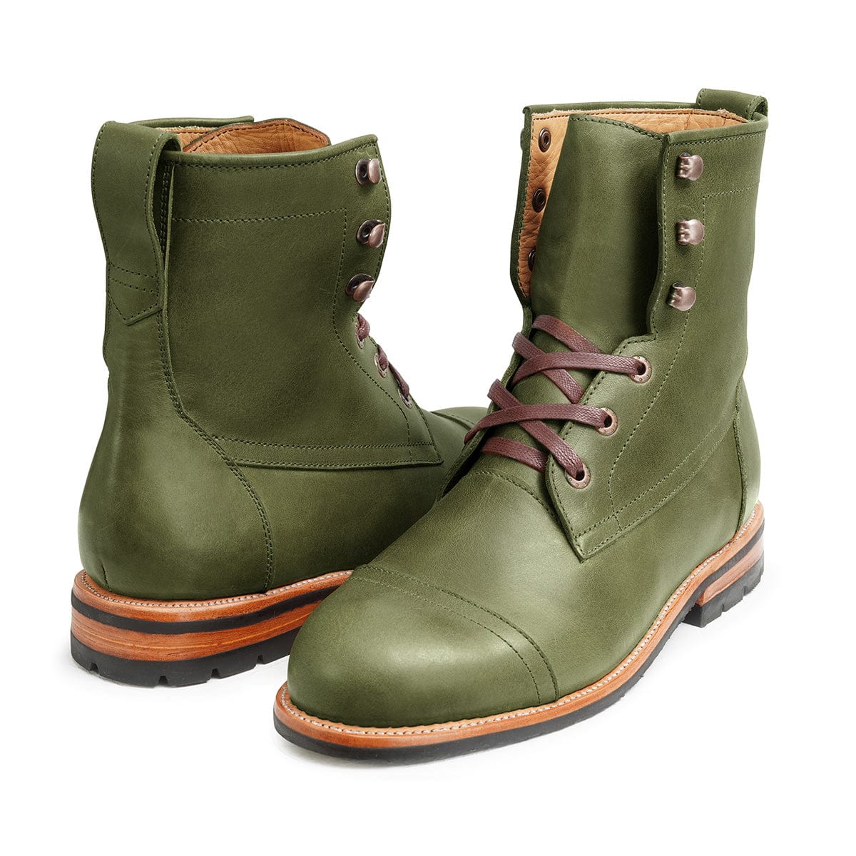 Men's extra-wide green leather lug sole boots, shown from the front at an angle. For feet that are hard to fit – The Rugged Havana