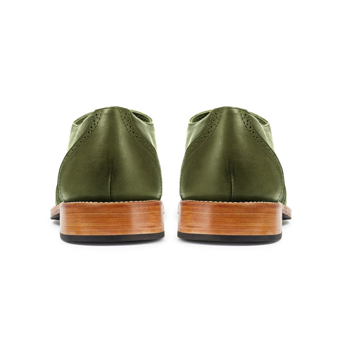Men's wide green leather oxfords, seen from the back. Custom sizing on request – The Clásico