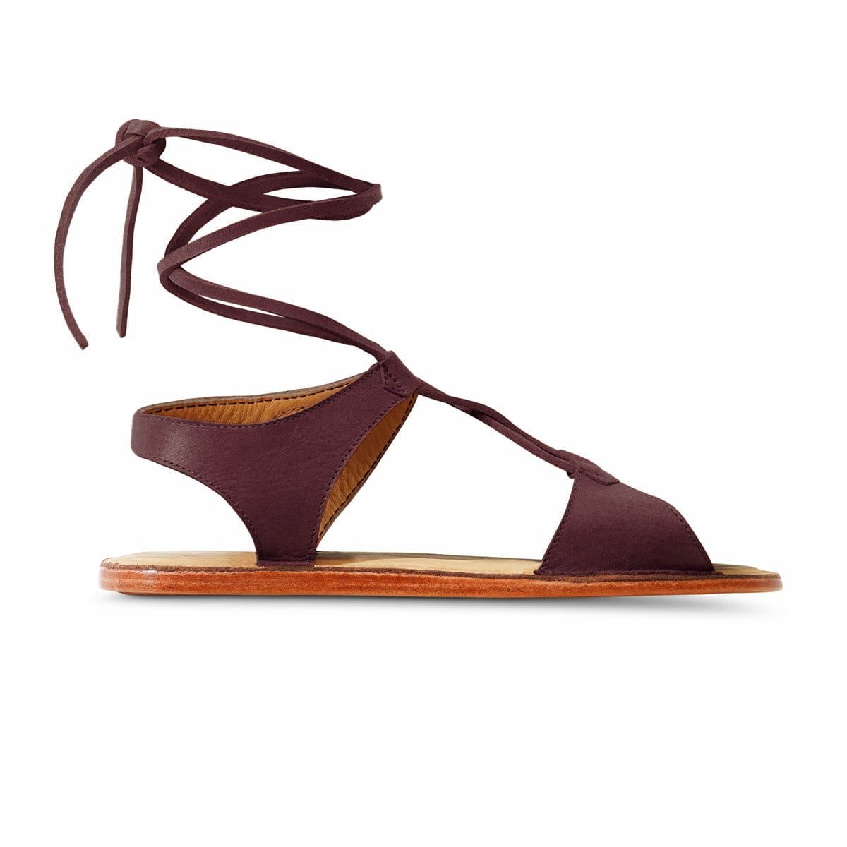 Adelante womens burgundy gladiator sandal with wraparound ankle laces, available in wide widths