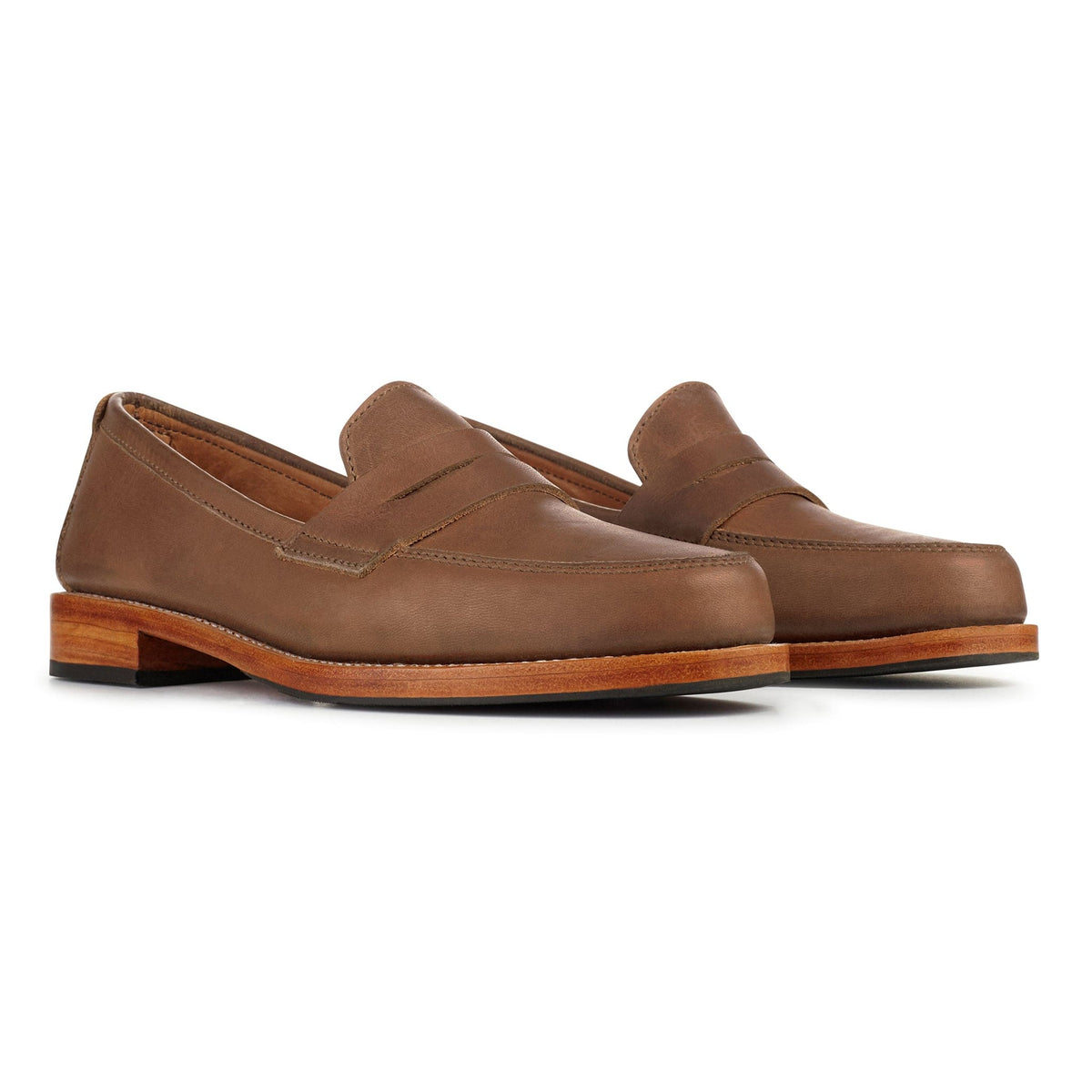 Adelante women's brown leather penny loafers with classic penny bridge and stacked heels