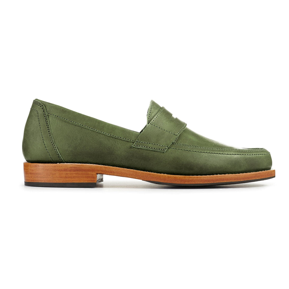 Olive green men's penny loafer with a classic penny bridge and stacked wood heel, made to order in wide widths by Adelante Shoes